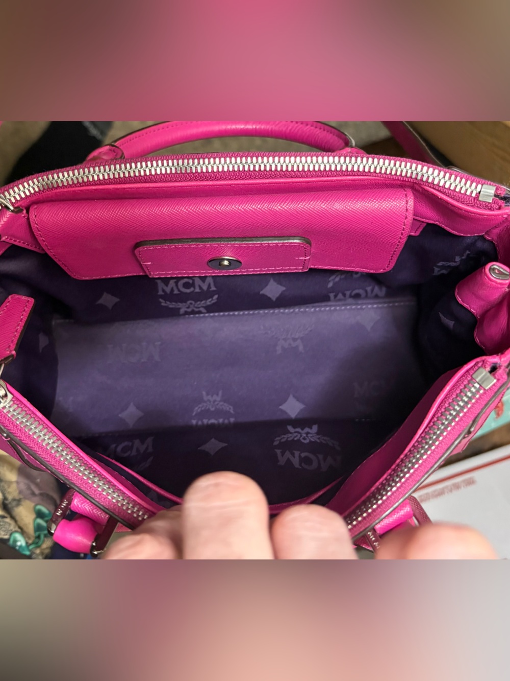 MCM Hot Pink Saffiano Leather Double Zip Satchel Crossbody Bag COA & Dust Bag - Picture 4 of 8